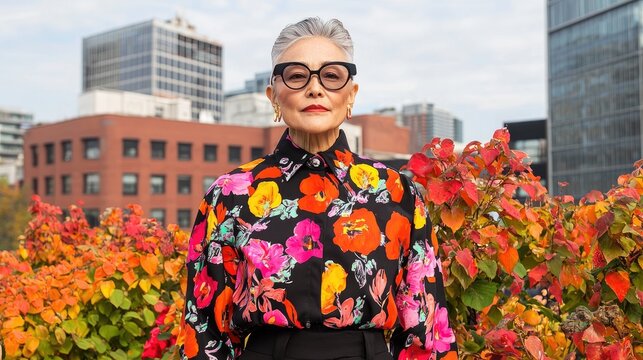 Stylish senior Asian woman in a colorful floral blouse and glasses standing confidently in an urban rooftop garden during autumn.