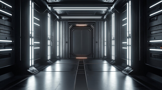Dark sci fi spaceship corridor with glowing white lights and a sealed metal door in a futuristic high-tech environment. - Powered by Adobe