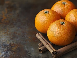 Tangerines with cinnamon sticks on a dark rustic background, cozy and warm lighting, winter mood