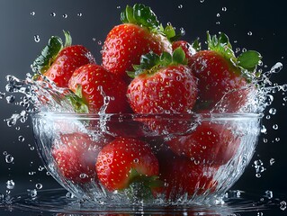 Strawberries splashing into a glass bowl with water, black background, high-speed photography, dramatic lighting