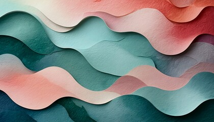 Fototapeta premium a layered papercraft composition features undulating waves of muted teal, coral, and cream, creating a serene and textured abstract background.
