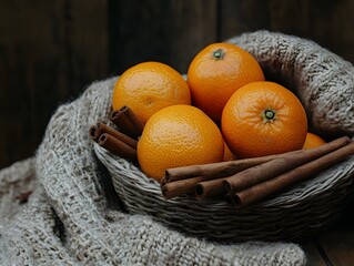 Tangerines with cinnamon sticks on a dark rustic background, cozy and warm lighting, winter mood