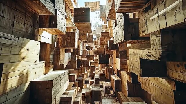 Abstract view of wooden boxes stacked in a creative installation, showcasing depth and light