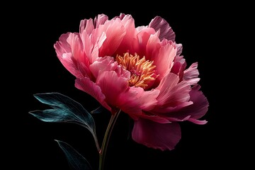 X-ray style pink peony flower on a black background, beautifully illustrated with botanical precision.