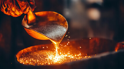 Iron foundry worker pouring molten metal into casting molds. Featuring heat and craftsmanship