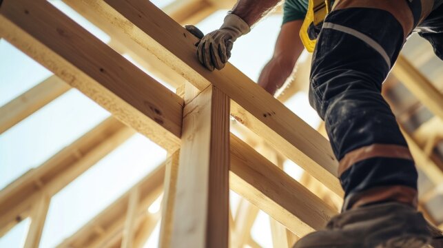 Construction worker erecting a wooden frame for a new building. Featuring craftsmanship and teamwork