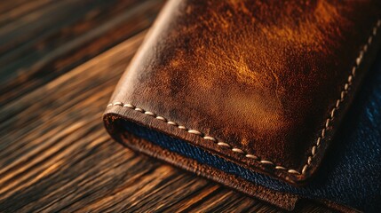 A classic leather wallet with blue tie detail on rustic wood, celebrating Father's Day with timeless craftsmanship and warmth.