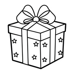 Outlined Gift Box with Ribbon and Star-Shaped Decorations in Black and White