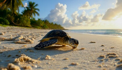 a green sea turtle crawls across a sun-drenched tropical beach towards the turquoise ocean under a bright blue sky with palm trees in the distance.