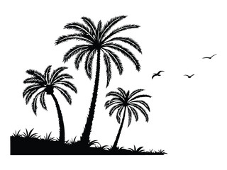 A collection of black palm tree silhouettes. Black palm trees set isolated on a white background. Palm silhouettes. Design of palm trees for posters, banners, and promotional items.
