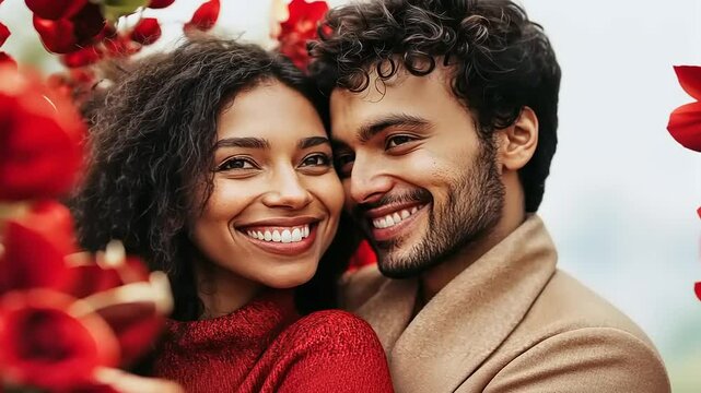 Romantic Embrace of a Smiling Couple Surrounded by Red Florals, a Moment of Joy