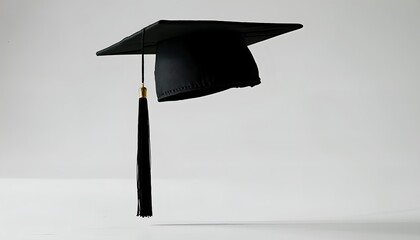 a solitary black graduation cap with a golden tassel stands against a seamless gray background, symbolizing academic achievement and completion.