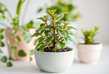 Obraz premium Lush Green Houseplants in Pastel Pots Vibrant Indoor Foliage Plants Home Decor