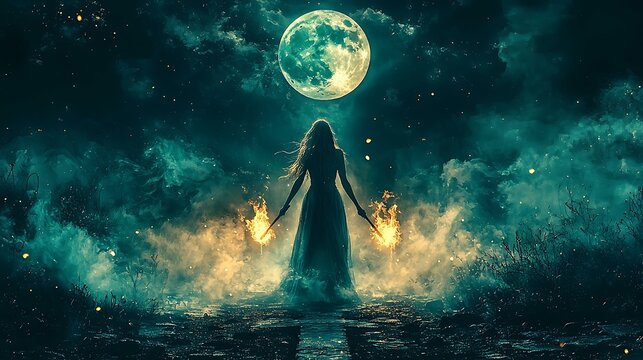 Hecate with three faces, torches in hand, standing at a crossroads under full moon, enchanted mist around her, ethereal 8K