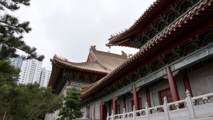 Chinese palace stands majestically in the heart of the city, featuring traditional curved roofs, intricate carvings, and vibrant red and gold details that echo centuries of imperial architecture.