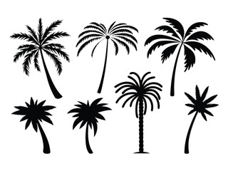 A collection of black palm tree silhouettes. Black palm trees set isolated on a white background. Palm silhouettes. Design of palm trees for posters, banners, and promotional items.