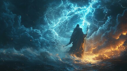Fototapeta premium God of storms channeling lightning into a staff, wind swirling robes, ocean splitting below feet, cinematic divine drama 8K