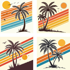 A palm tree silhouette on retro stripes with a sun background