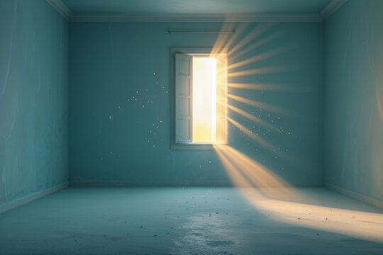 An open window allows radiant sunlight to pour into an empty, minimalist interior space. - Powered by Adobe
