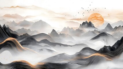 New Chinese style abstract curve line ink landscape background decorative painting