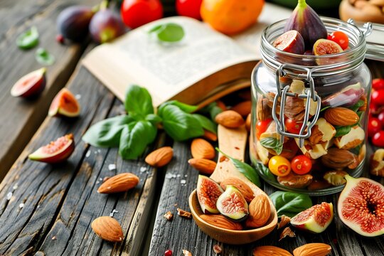 Rustic wooden table with an open recipe book a glass jar of dried figs and a wooden spoon filled with almonds showcasing healthy meal prep