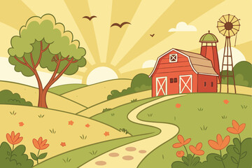 Fototapeta premium 29 Cartoon farm landscape, vibrant sunset sky, red barn, water tower, windmill, curved dirt road, lush green trees, rolling hills, colorful flowers, birds flying, warm golden sunlight, panoramic view,