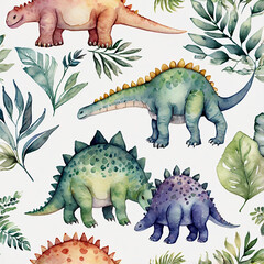 Adorable watercolor baby dinosaur seamless pattern on white hand-painted cute prehistoric creatures for nursery, fabric & kid’s design