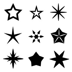 A collection of nine unique star designs, showcasing bold silhouettes and varying point counts against a clean white background.