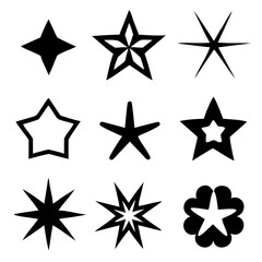 Obraz premium A collection of nine unique star shapes, each with a distinct personality, radiating simple elegance and graphic charm in bold black silhouettes against a pristine white background.