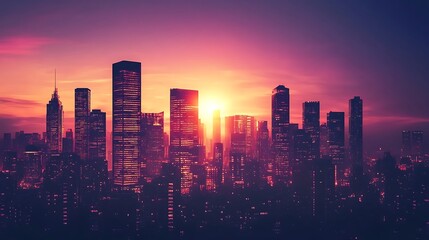 Obraz premium Sunset rays bounce off skyline onto still urban water high resolution picture