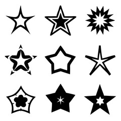 Obraz premium Nine unique starburst designs, a constellation of bold black shapes against a stark white background, showcasing diverse geometric patterns and styles.