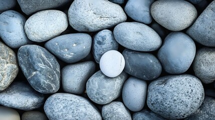 Close-up of smooth gray and white stones with one perfectly white stone.
