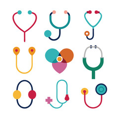 A vibrant collection of colorful stethoscopes symbolizing healthcare, compassion, and medical innovation with a bold flat design style.