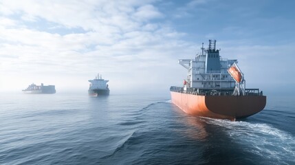 Fototapeta premium Tranquil Seascape with Cargo Ships Navigating Through Misty Waters Under a Gloomy Sky