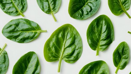 Obraz premium a flat lay of vibrant green spinach leaves scattered across a pale background creates a fresh and natural composition.
