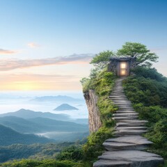 Fototapeta premium Enchanted pathway leading to a mysterious door on a rocky summit surrounded by vast landscapes and serene mountains under a beautiful sky