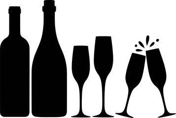Elegant Wine And Champagne Bottles With Clinking Glasses Silhouette Vector Design