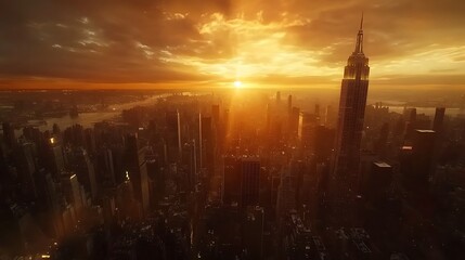 Fototapeta premium Urban reflections shine over skyline as sun sets beautifully high resolution picture