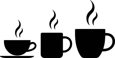 Three Black Steaming Coffee Mugs Representing Different Sizes And Beverage Options
