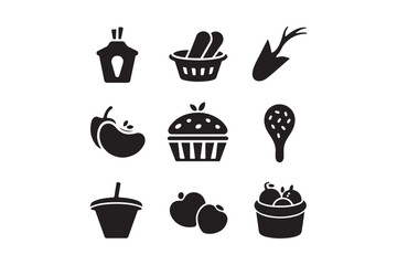 Food Icon Set Vector Silhouette Illustrations of Snacks, Fruits, and Meals