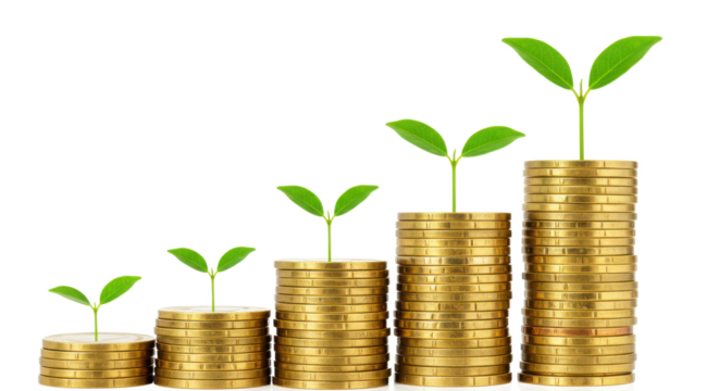 Stacks of golden coins with green sprouts on top against a black background showing growth - Powered by Adobe