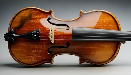 Obraz premium a beautifully crafted violin with rich wood grain and delicate features is captured in a close-up studio shot against a neutral background.