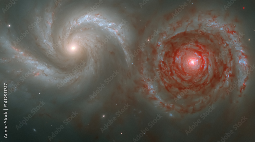 Poster galactic collision two spiral galaxies intertwine illuminated with vibrant celestial colors and stel
