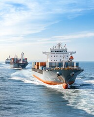 Cargo Ships Navigating Calm Waters with Clear Blue Skies and Beautiful Horizon in Background During Bright and Sunny Day