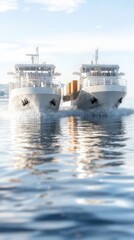 Naklejka premium Two Modern Cargo Ships Navigating Calm Waters with Reflection Under Clear Blue Sky, Representing Maritime Trade and Transportation Efficiency