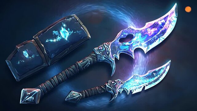 Fantasy dual-bladed weapons with cosmic designs on a mystical background, showcasing craftsmanship