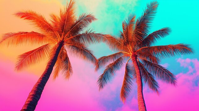 coconut palm trees on blue sky