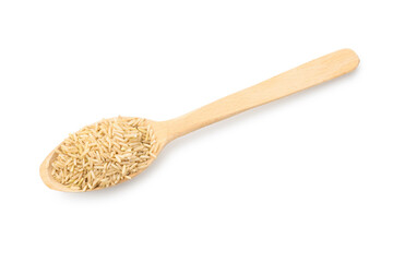 Raw brown rice and spoon isolated on white, top view