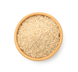 Raw brown rice in bowl isolated on white, top view