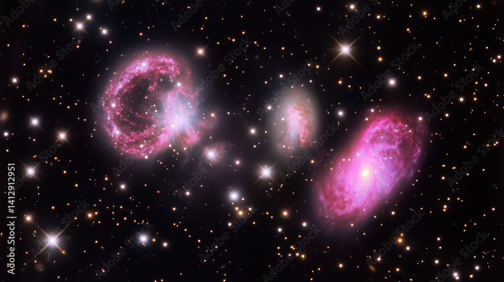 Poster cosmic ballet three galaxies intertwine amidst field of stars displaying gravitational interactions